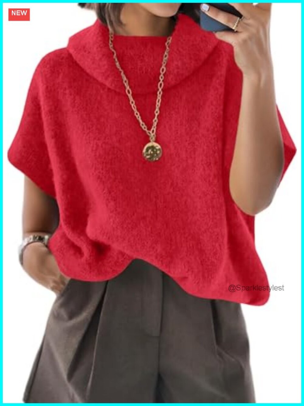 Women's Oversized Turtleneck Sweater Short Batwing Sleeve Pullover